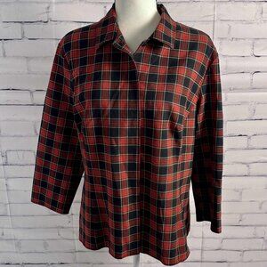Vintage Burns Red & Black Plaid Button-Up Shirt – Size 14 – 3/4 Sleeve